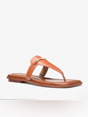 Women's Leather Thong Sandal with Gold Buckle Accent.. Size 7